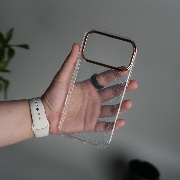 iPhone 17 Series Glitter Case | Transparent Cover with Sparkle Finish & Metallic Camera Bumper