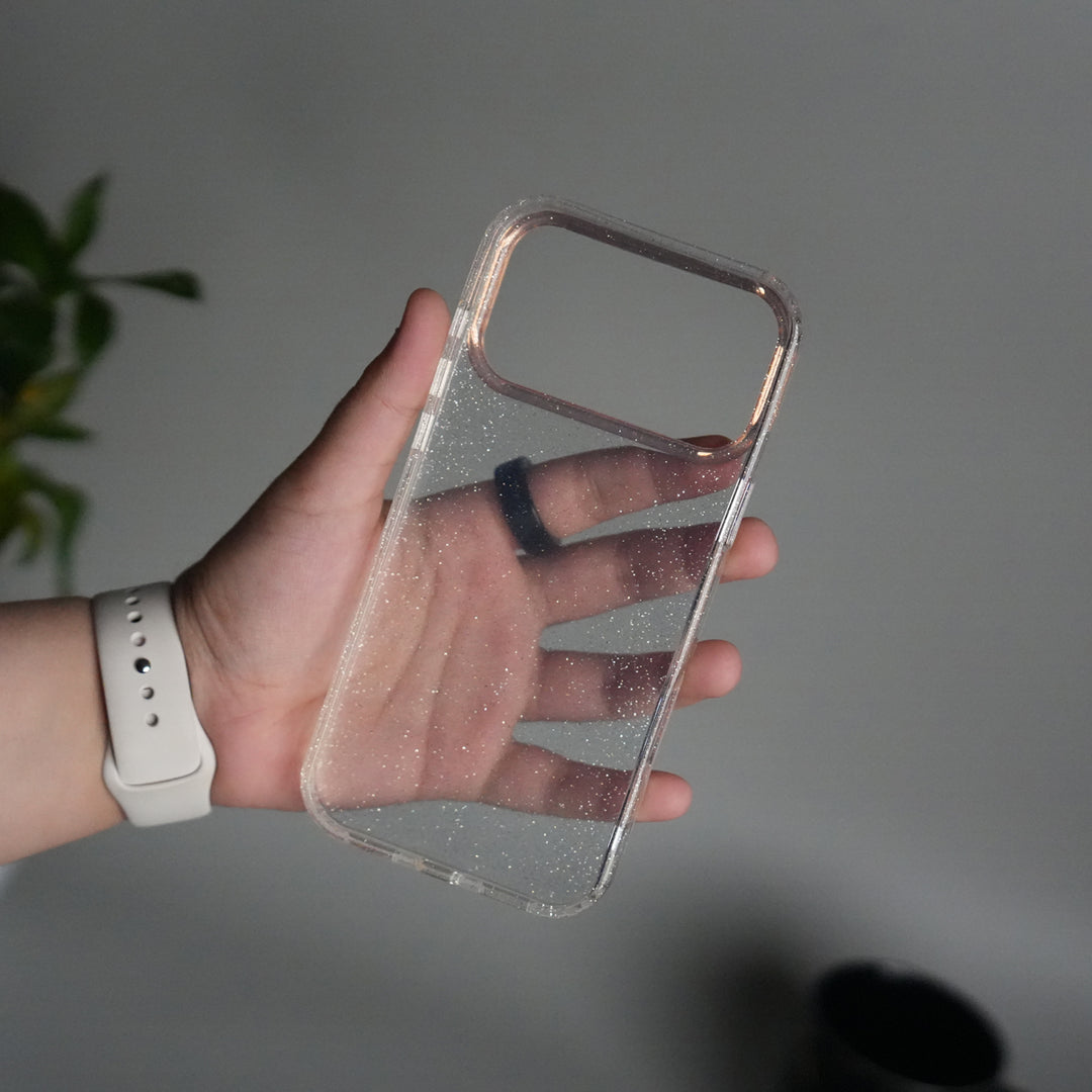 iPhone 17 Series Glitter Case | Transparent Cover with Sparkle Finish & Metallic Camera Bumper