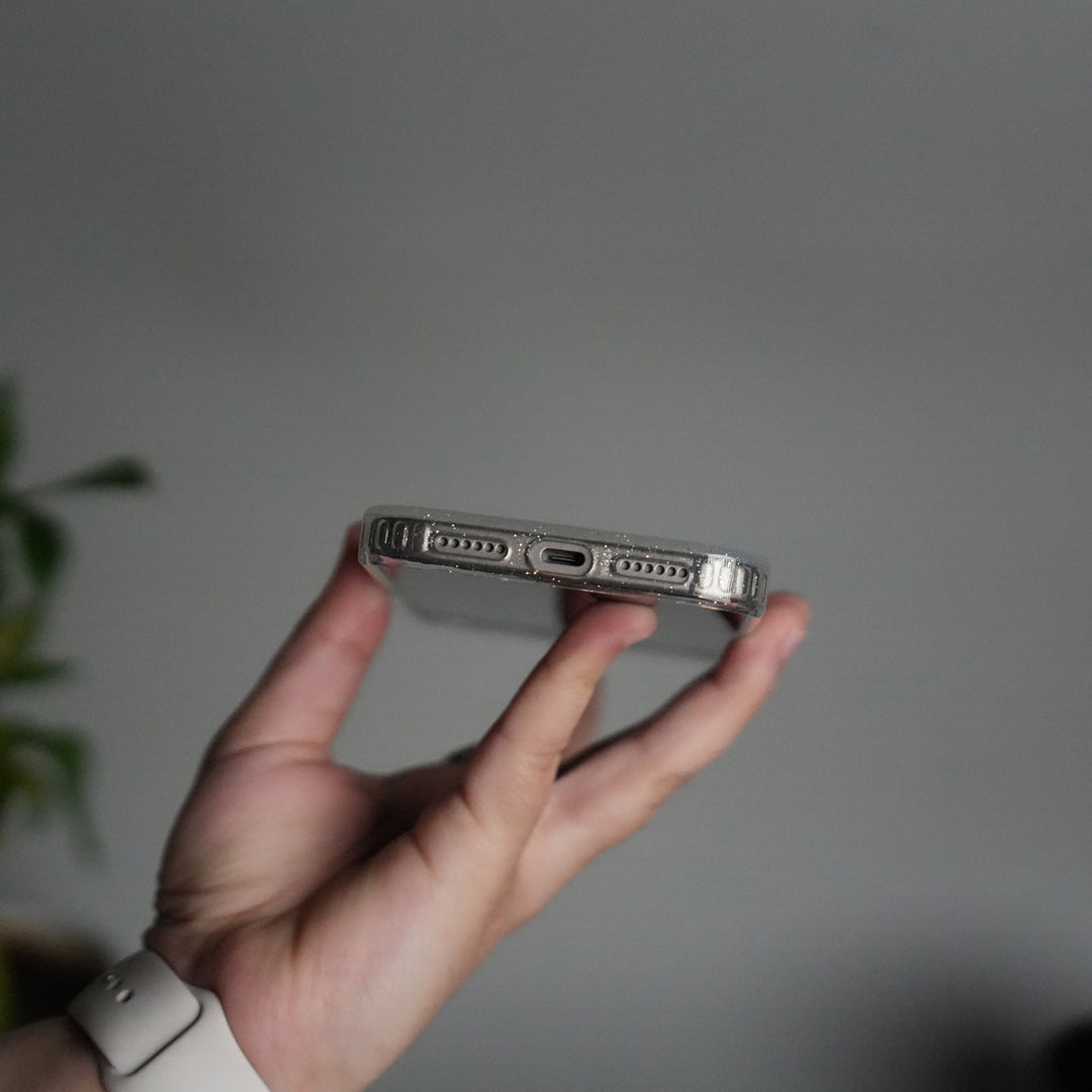 iPhone 17 Series Glitter Case | Transparent Cover with Sparkle Finish & Metallic Camera Bumper