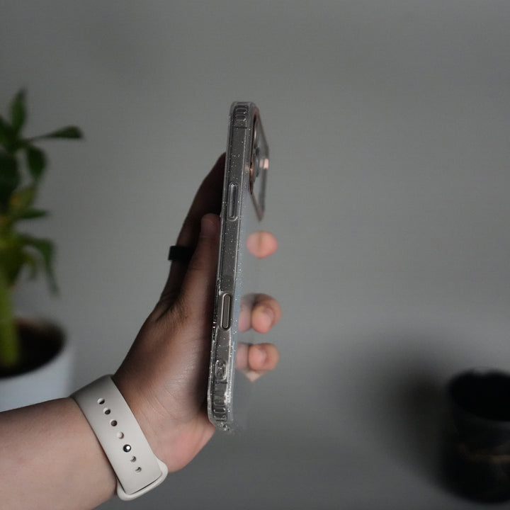 iPhone 17 Series Glitter Case | Transparent Cover with Sparkle Finish & Metallic Camera Bumper