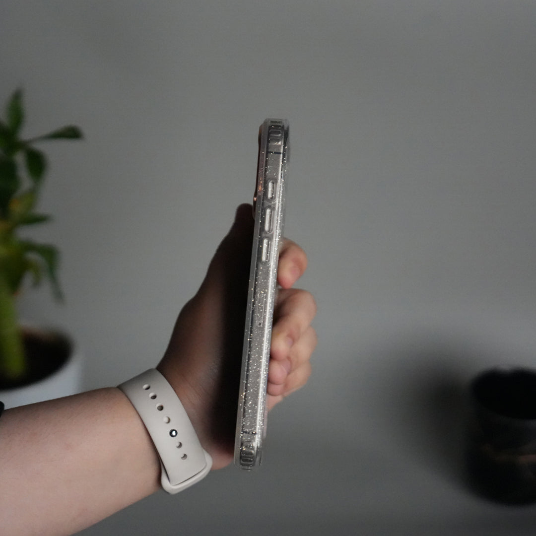 iPhone 17 Series Glitter Case | Transparent Cover with Sparkle Finish & Metallic Camera Bumper