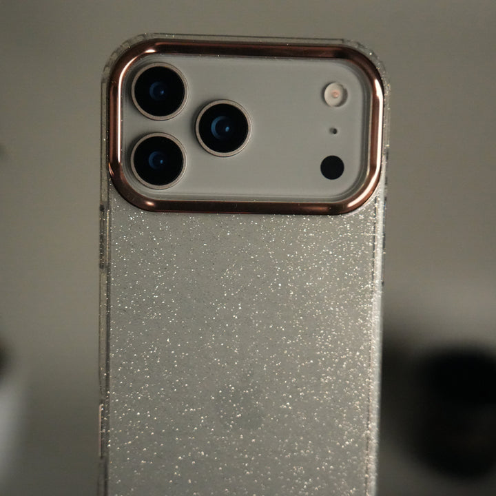 iPhone 17 Series Glitter Case | Transparent Cover with Sparkle Finish & Metallic Camera Bumper