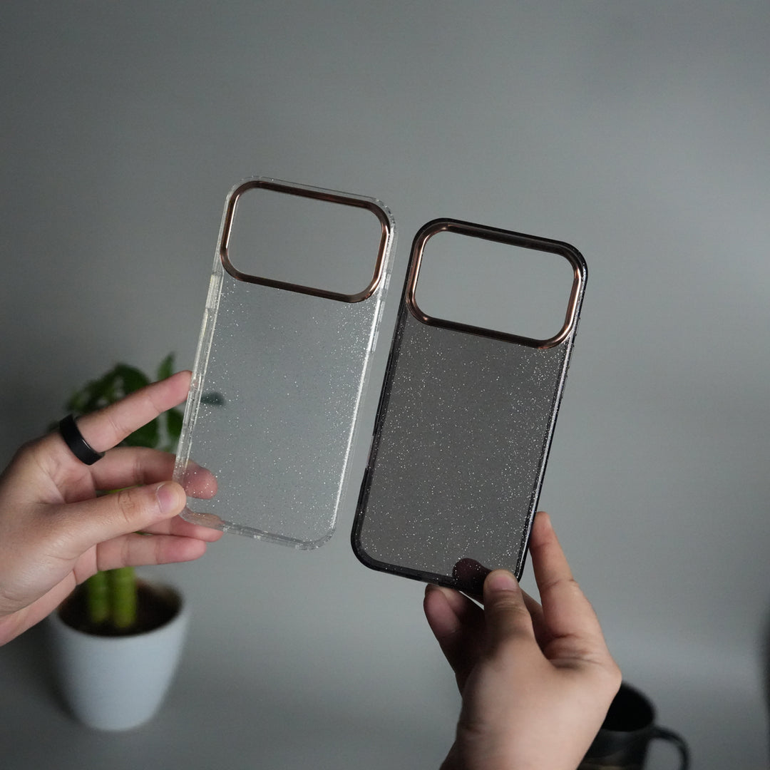 iPhone 17 Series Glitter Case | Transparent Cover with Sparkle Finish & Metallic Camera Bumper