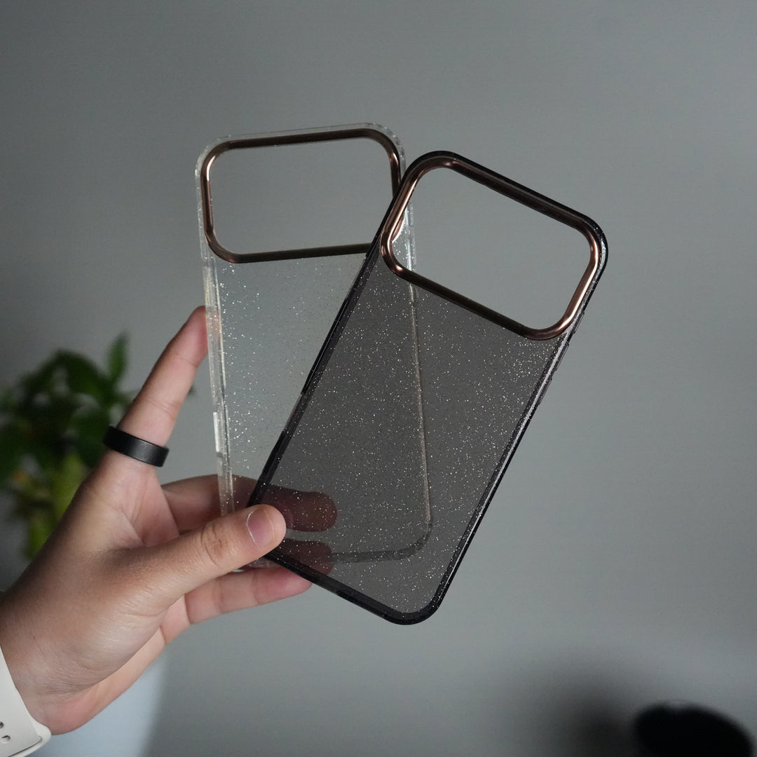 iPhone 17 Series Glitter Case | Transparent Cover with Sparkle Finish & Metallic Camera Bumper