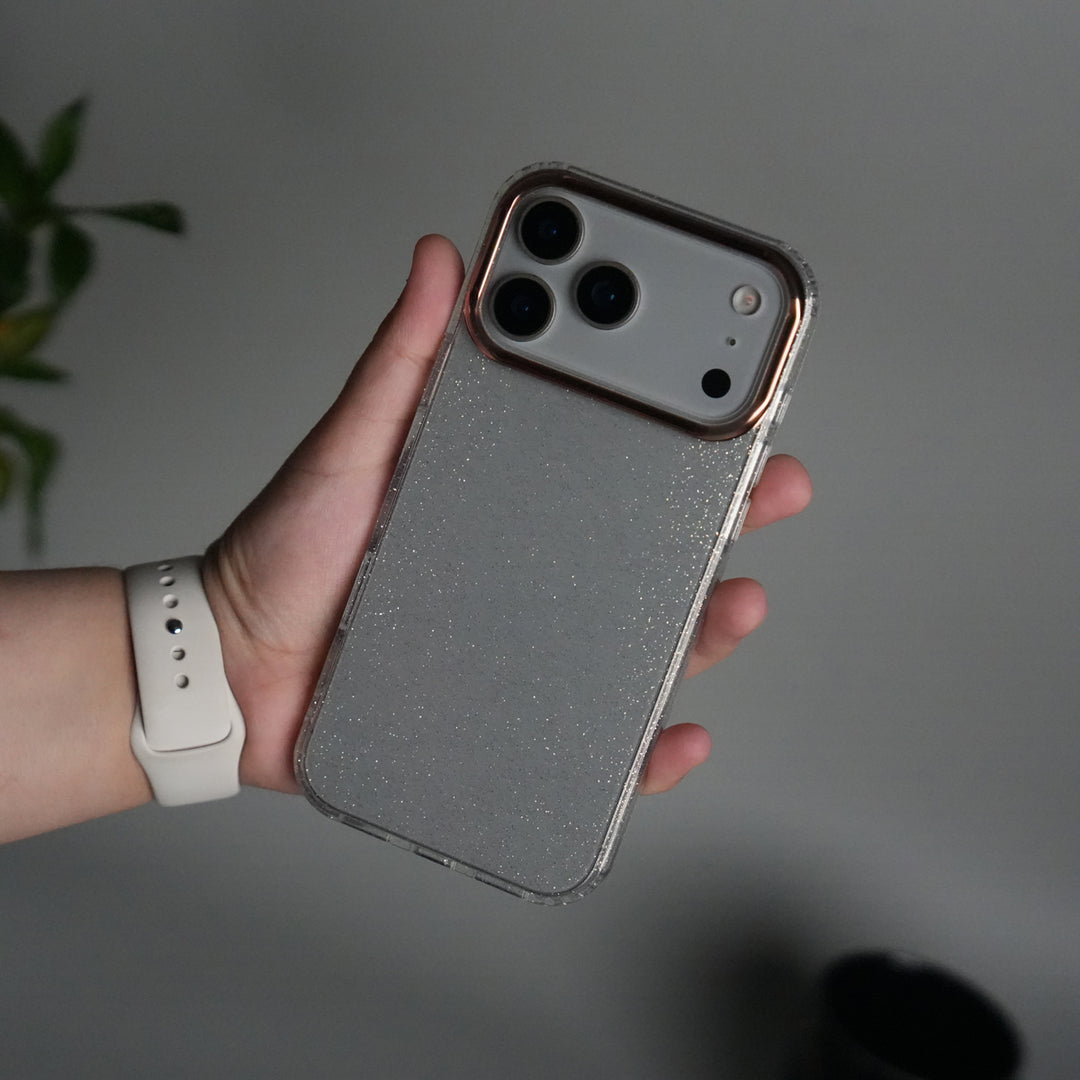 iPhone 17 Series Glitter Case | Transparent Cover with Sparkle Finish & Metallic Camera Bumper