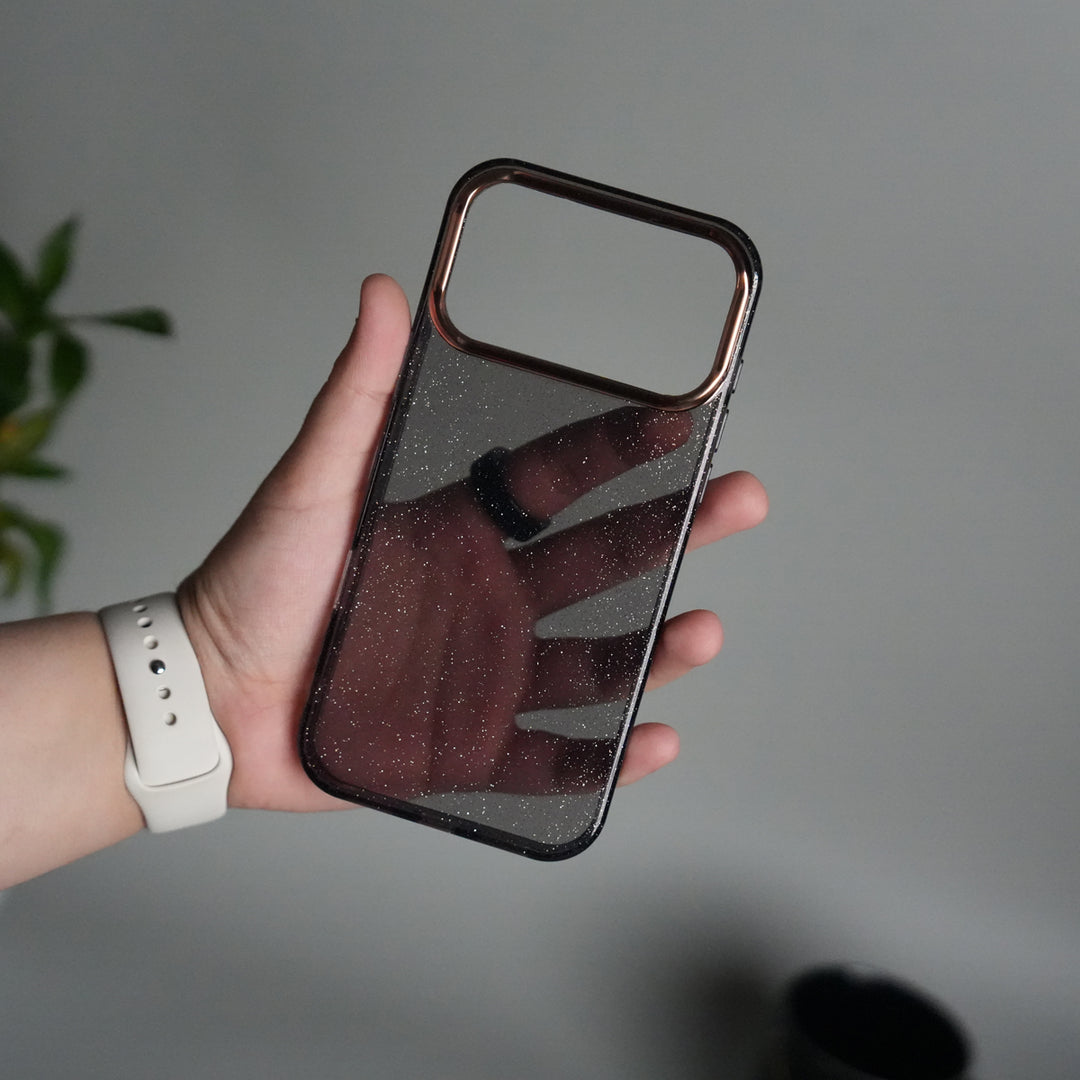 iPhone 17 Series Glitter Case | Transparent Cover with Sparkle Finish & Metallic Camera Bumper