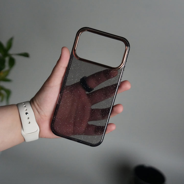 iPhone 17 Series Glitter Case | Transparent Cover with Sparkle Finish & Metallic Camera Bumper