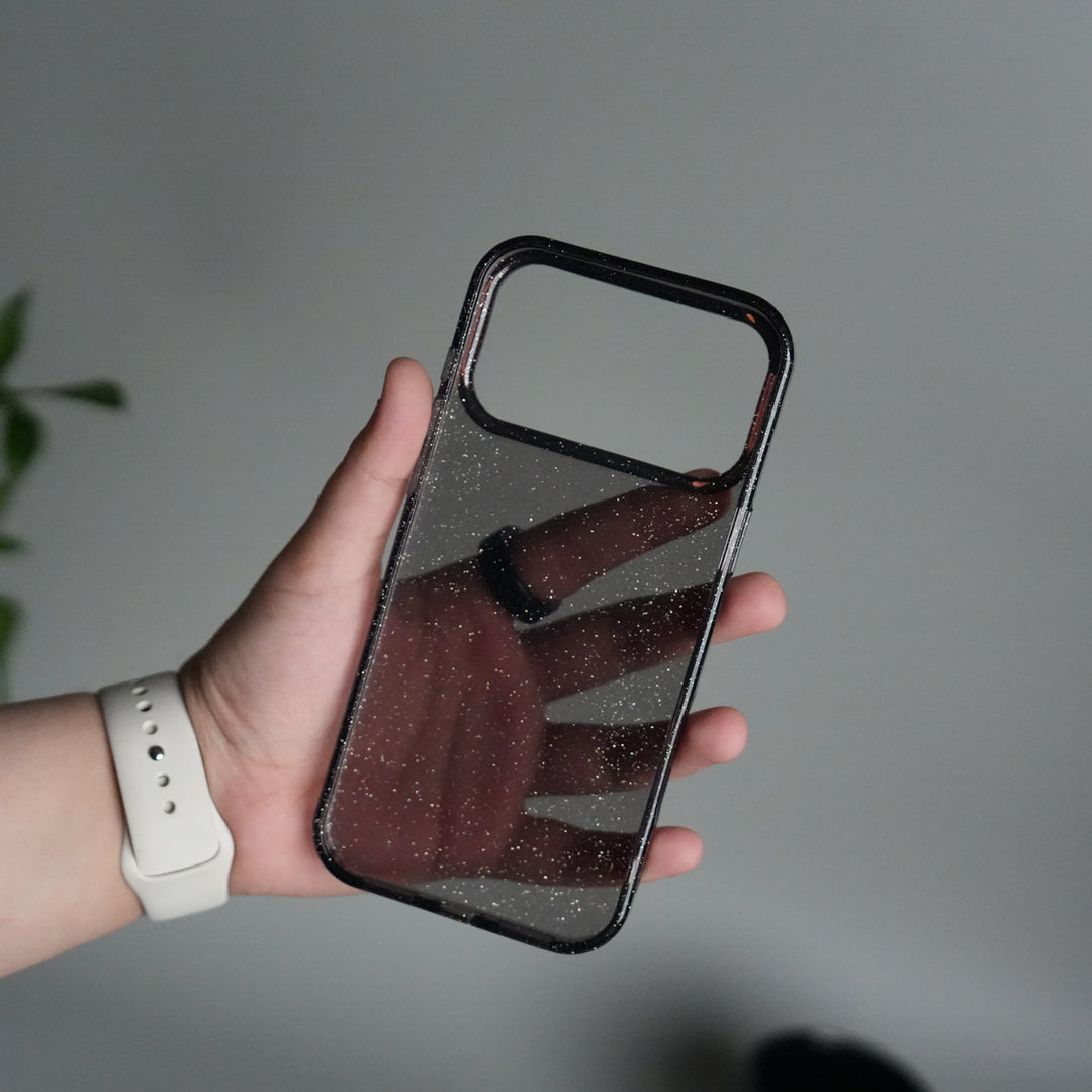 iPhone 17 Series Glitter Case | Transparent Cover with Sparkle Finish & Metallic Camera Bumper