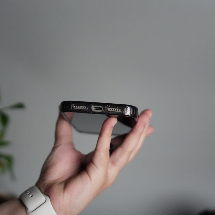 iPhone 17 Series Glitter Case | Transparent Cover with Sparkle Finish & Metallic Camera Bumper