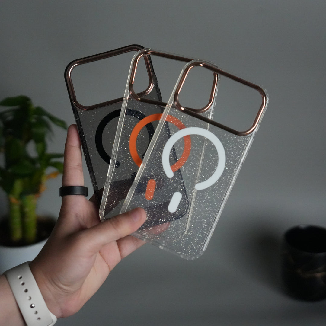 iPhone 17 Series Glitter MagSafe Case | Transparent Cover with Sparkle Finish & Metallic Camera Bumper