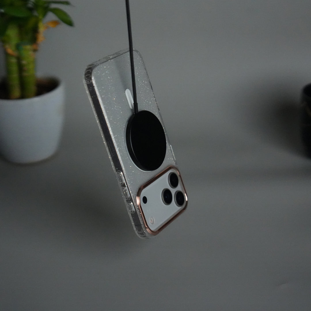 iPhone 17 Series Glitter MagSafe Case | Transparent Cover with Sparkle Finish & Metallic Camera Bumper