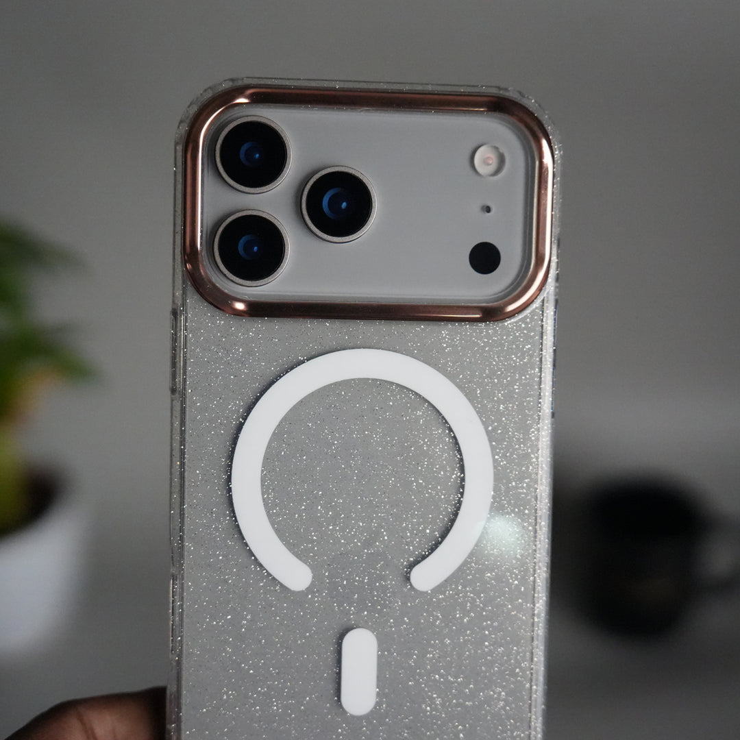 iPhone 17 Series Glitter MagSafe Case | Transparent Cover with Sparkle Finish & Metallic Camera Bumper