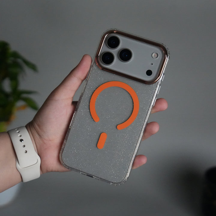 iPhone 17 Series Glitter MagSafe Case | Transparent Cover with Sparkle Finish & Metallic Camera Bumper