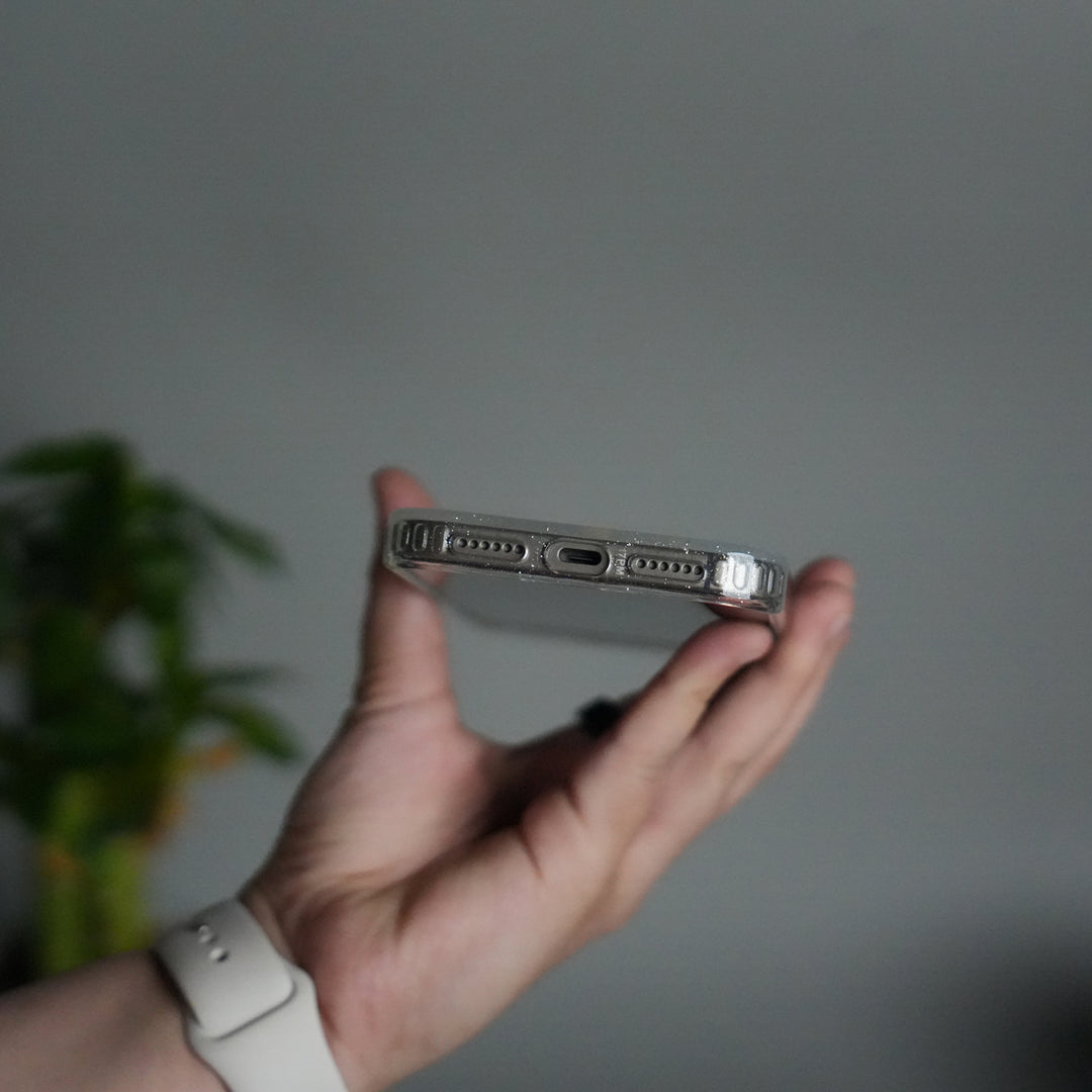 iPhone 17 Series Glitter MagSafe Case | Transparent Cover with Sparkle Finish & Metallic Camera Bumper