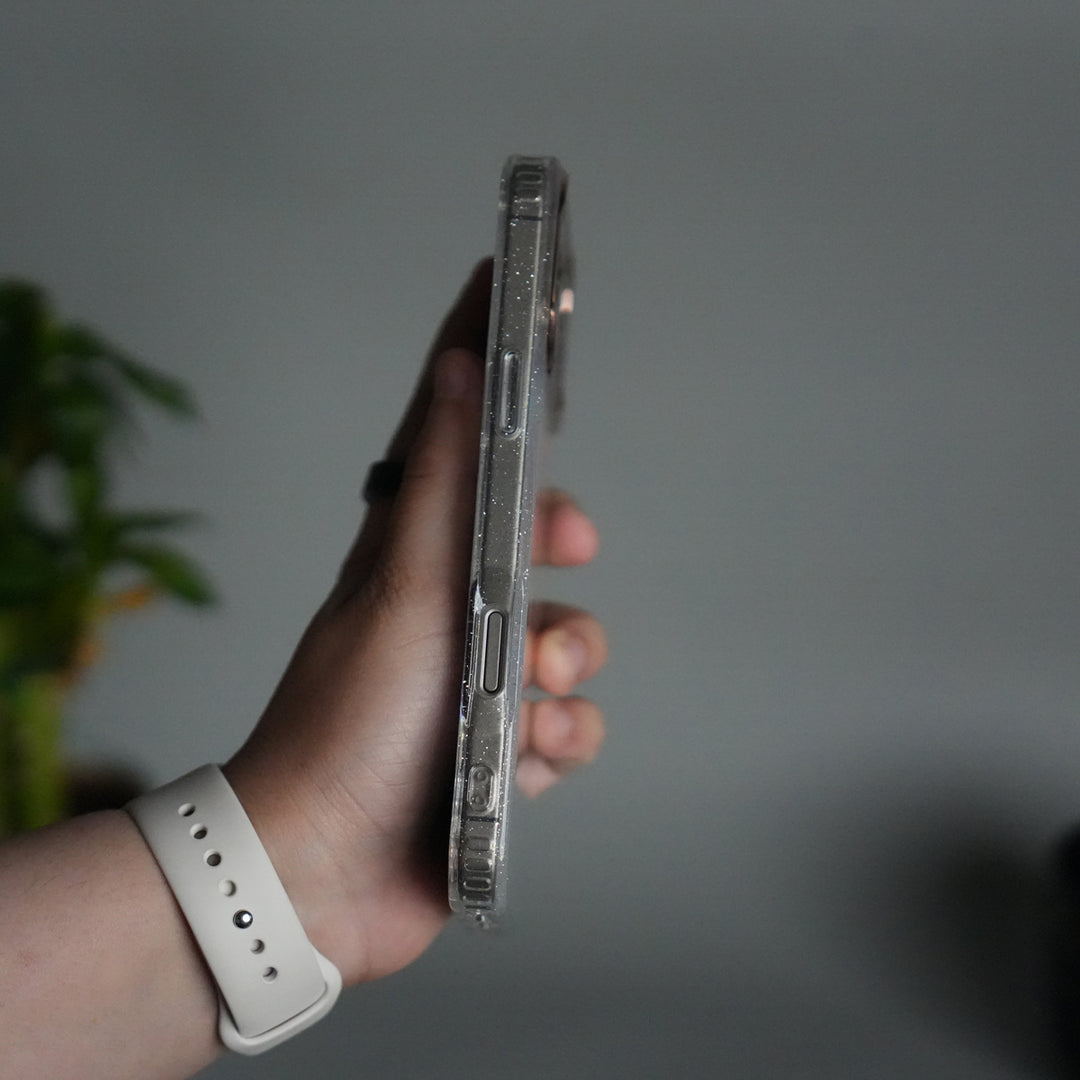 iPhone 17 Series Glitter MagSafe Case | Transparent Cover with Sparkle Finish & Metallic Camera Bumper