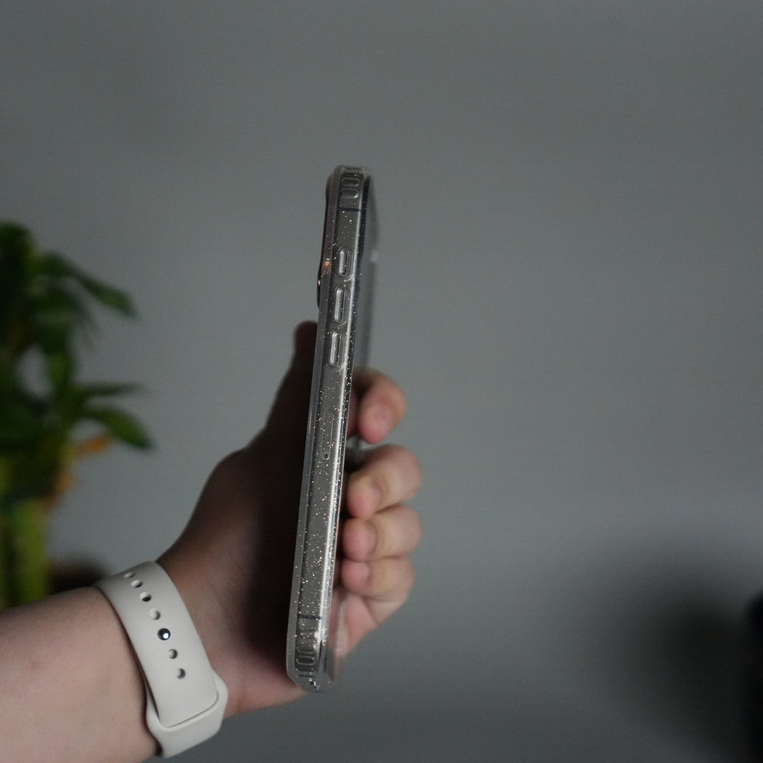 iPhone 17 Series Glitter MagSafe Case | Transparent Cover with Sparkle Finish & Metallic Camera Bumper