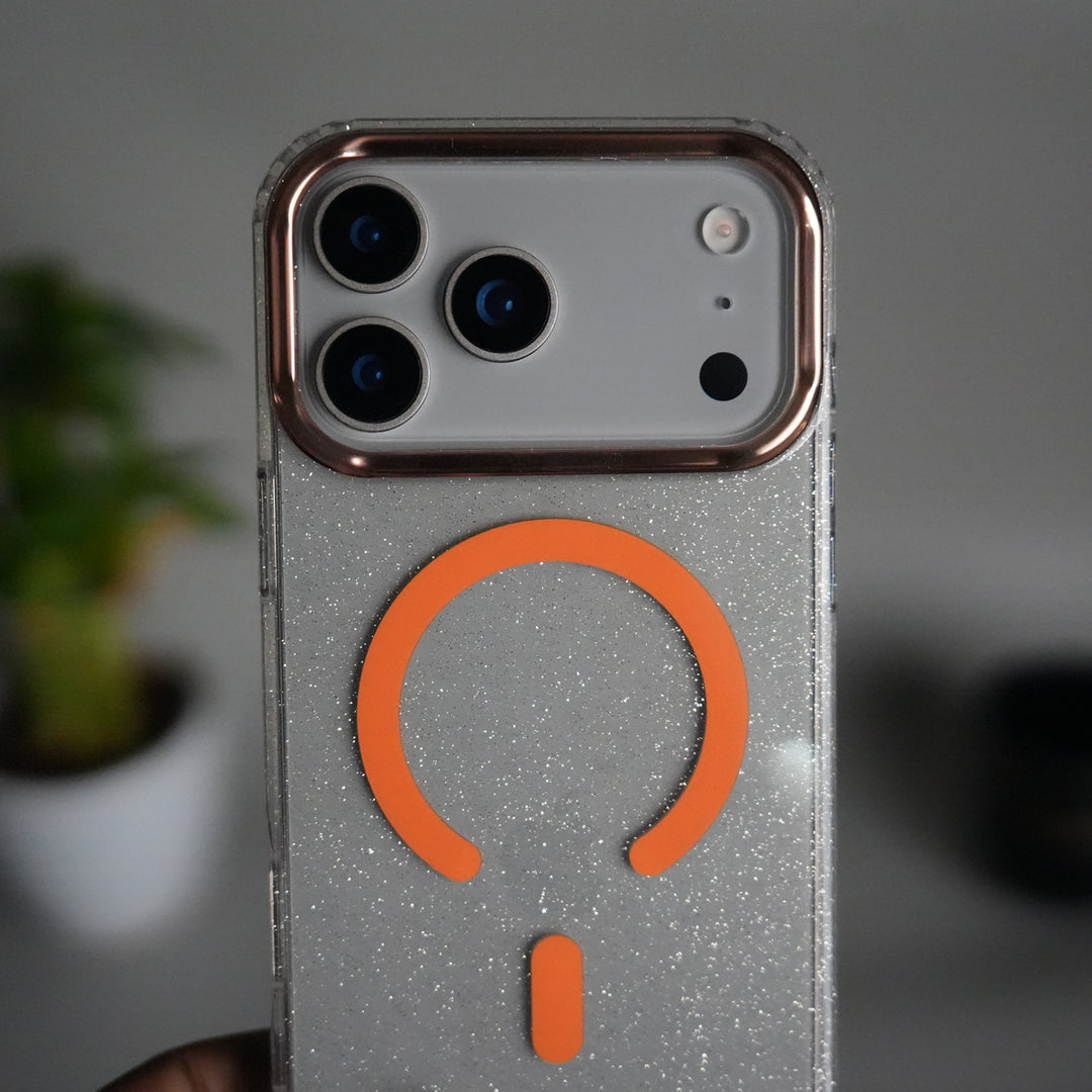 iPhone 17 Series Glitter MagSafe Case | Transparent Cover with Sparkle Finish & Metallic Camera Bumper