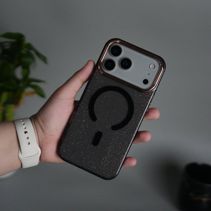 iPhone 17 Series Glitter MagSafe Case | Transparent Cover with Sparkle Finish & Metallic Camera Bumper