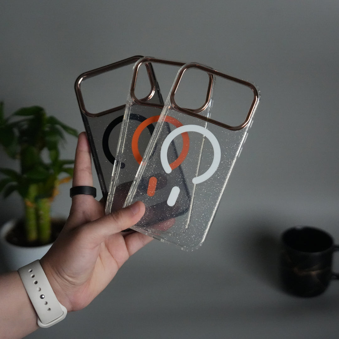 iPhone 17 Series Glitter MagSafe Case | Transparent Cover with Sparkle Finish & Metallic Camera Bumper