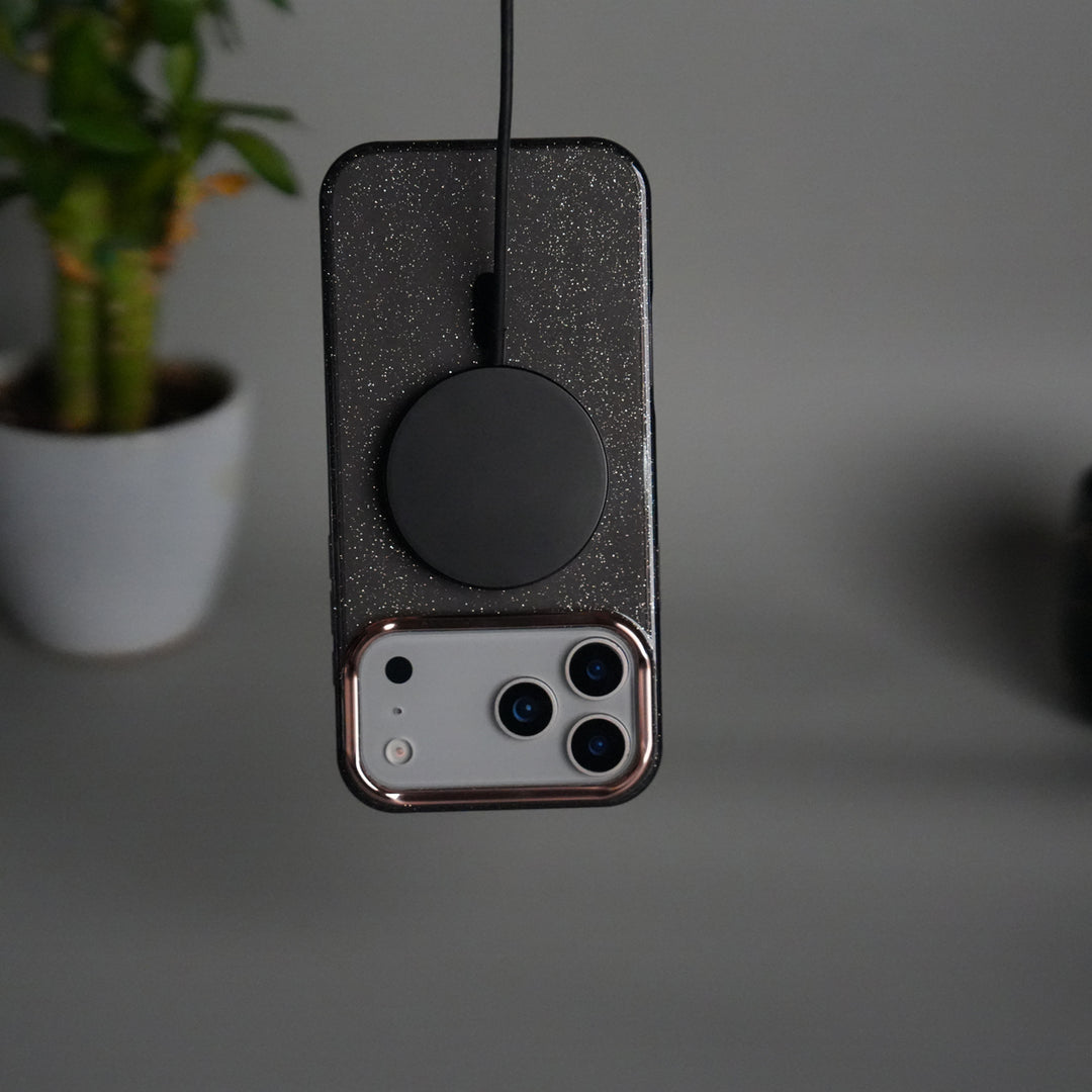 iPhone 17 Series Glitter MagSafe Case | Transparent Cover with Sparkle Finish & Metallic Camera Bumper