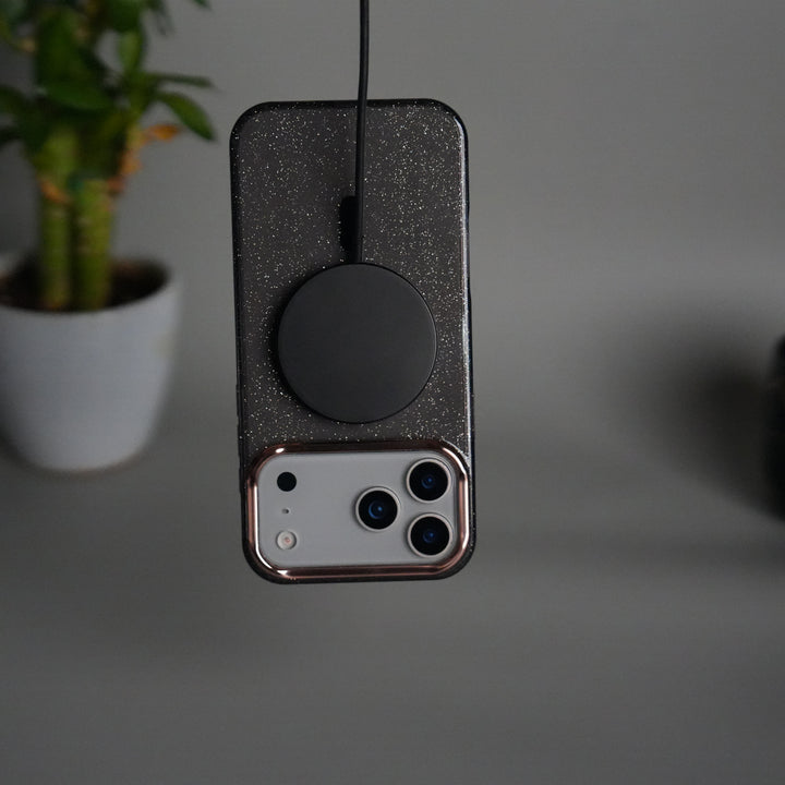 iPhone 17 Series Glitter MagSafe Case | Transparent Cover with Sparkle Finish & Metallic Camera Bumper