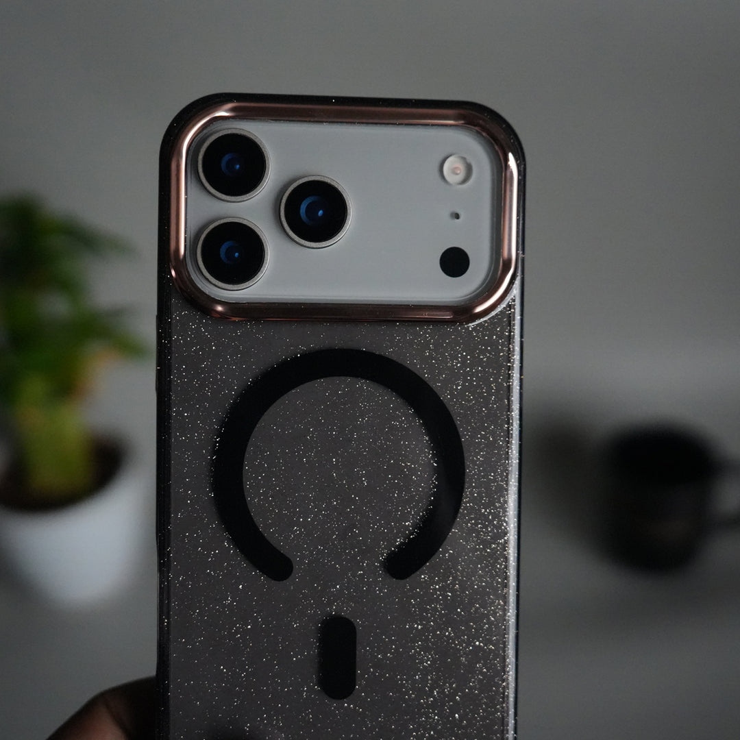 iPhone 17 Series Glitter MagSafe Case | Transparent Cover with Sparkle Finish & Metallic Camera Bumper