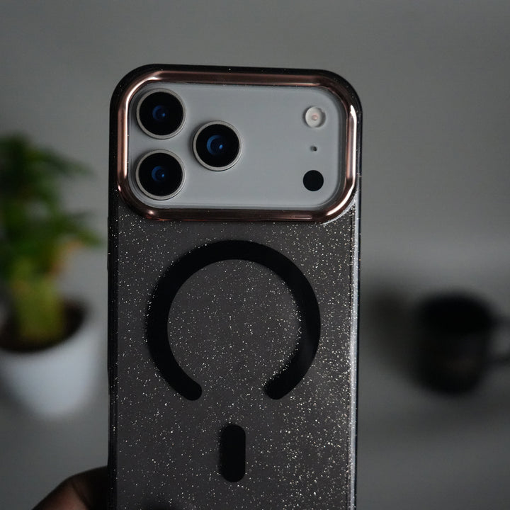 iPhone 17 Series Glitter MagSafe Case | Transparent Cover with Sparkle Finish & Metallic Camera Bumper