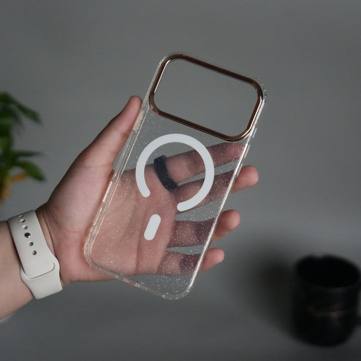 iPhone 17 Series Glitter MagSafe Case | Transparent Cover with Sparkle Finish & Metallic Camera Bumper