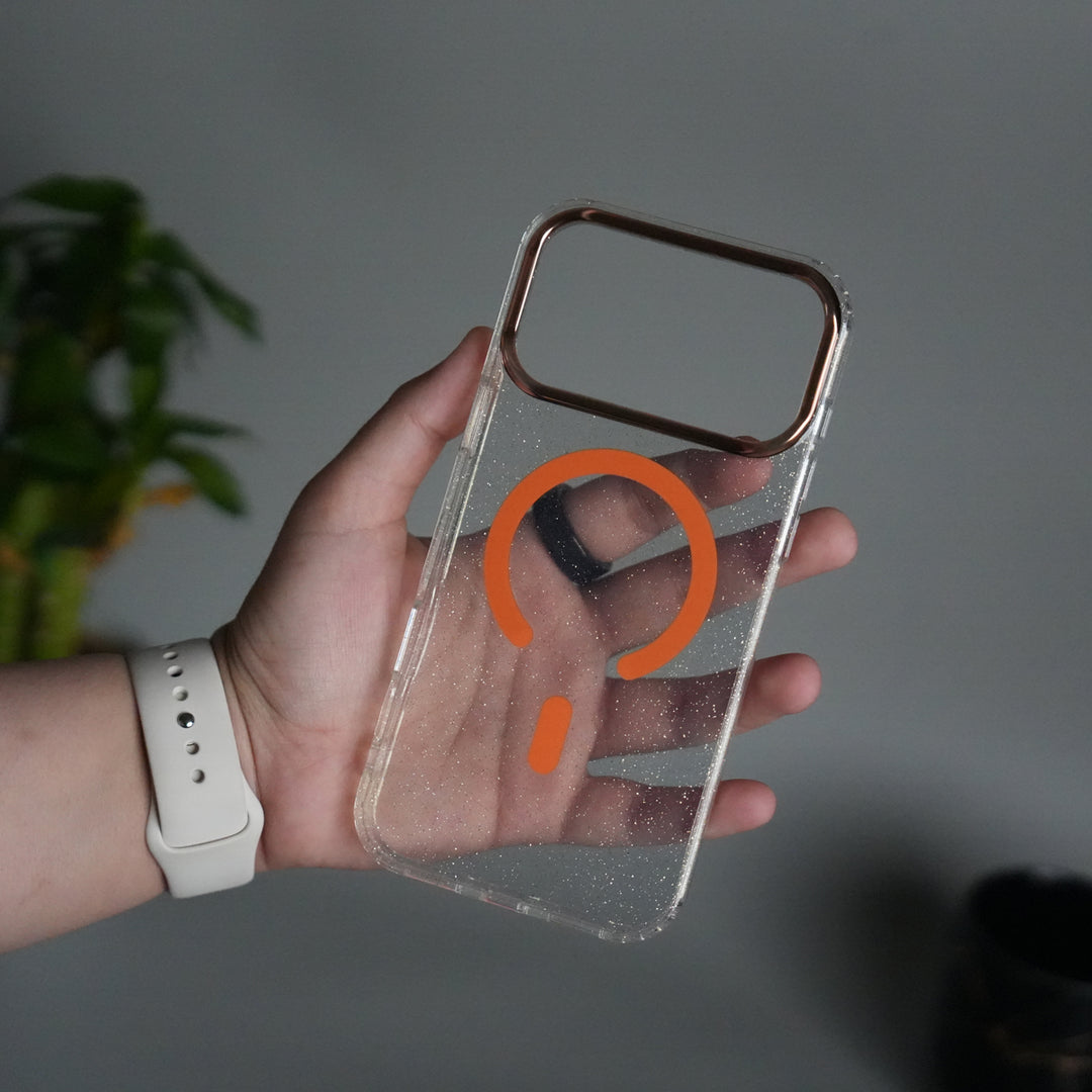 iPhone 17 Series Glitter MagSafe Case | Transparent Cover with Sparkle Finish & Metallic Camera Bumper