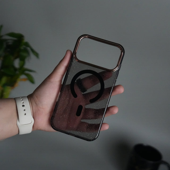 iPhone 17 Series Glitter MagSafe Case | Transparent Cover with Sparkle Finish & Metallic Camera Bumper