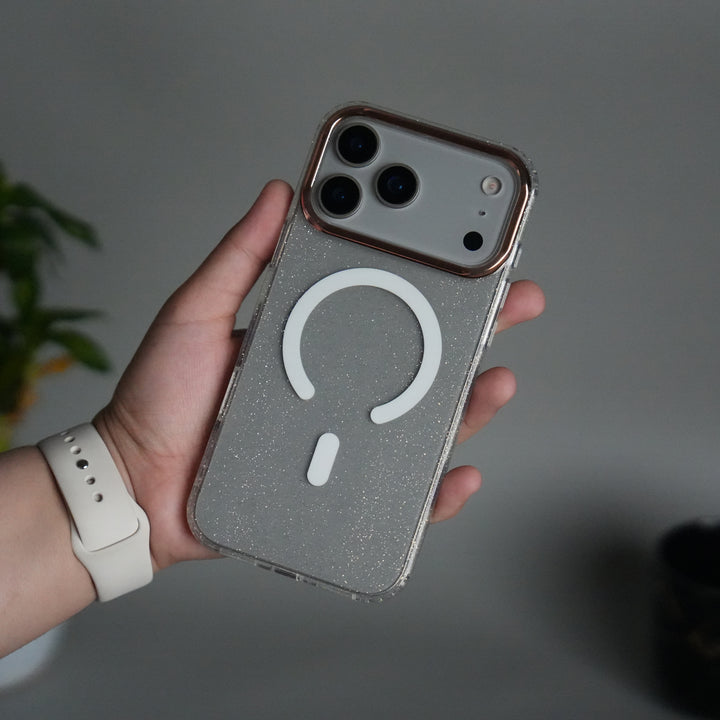 iPhone 17 Series Glitter MagSafe Case | Transparent Cover with Sparkle Finish & Metallic Camera Bumper