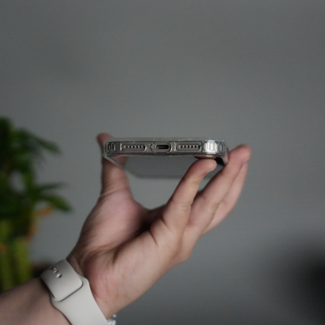 iPhone 17 Series Glitter MagSafe Case | Transparent Cover with Sparkle Finish & Metallic Camera Bumper