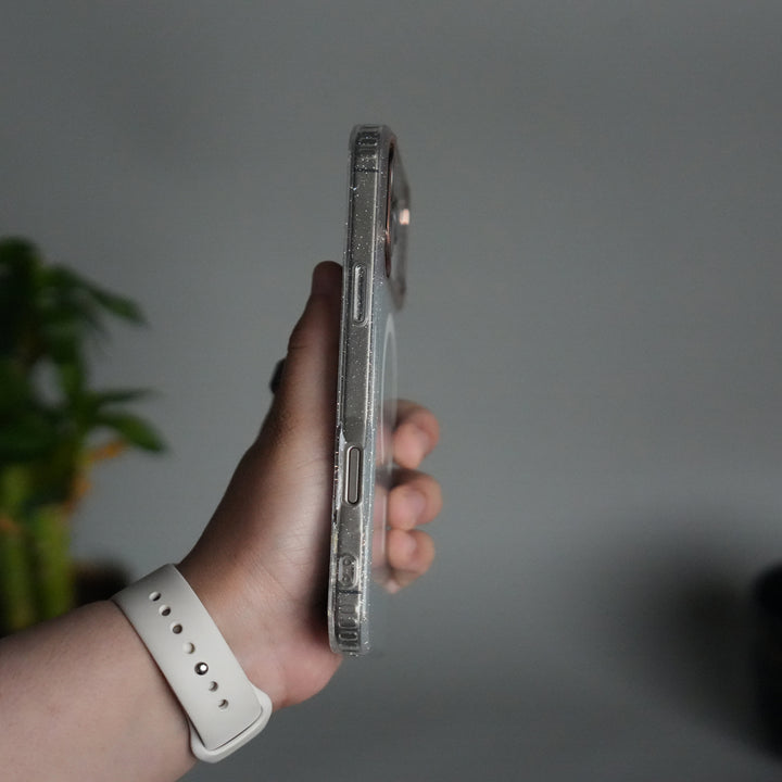 iPhone 17 Series Glitter MagSafe Case | Transparent Cover with Sparkle Finish & Metallic Camera Bumper