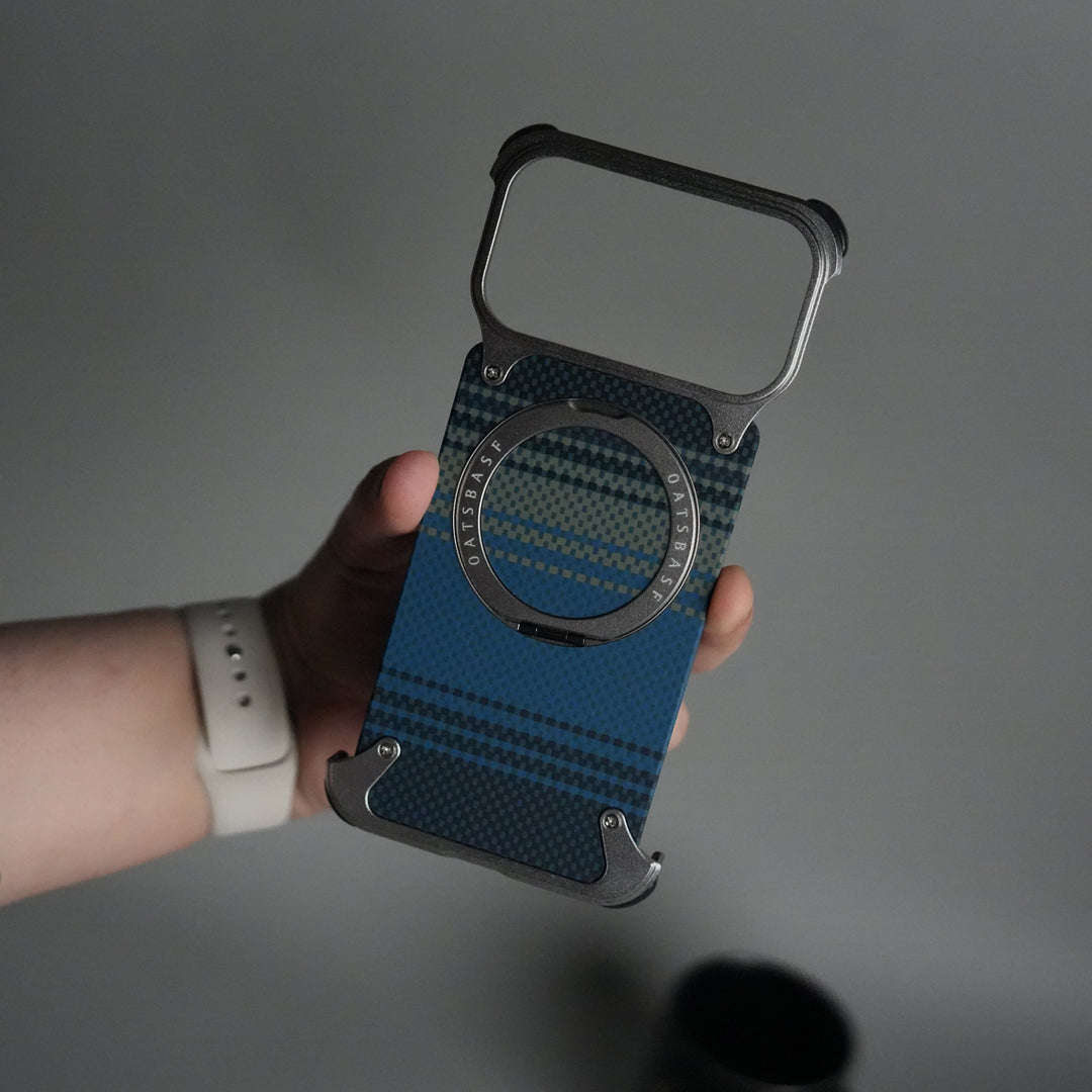 iPhone 17 Series Kevlar Fiber Texture Frameless Metal Kickstand Case