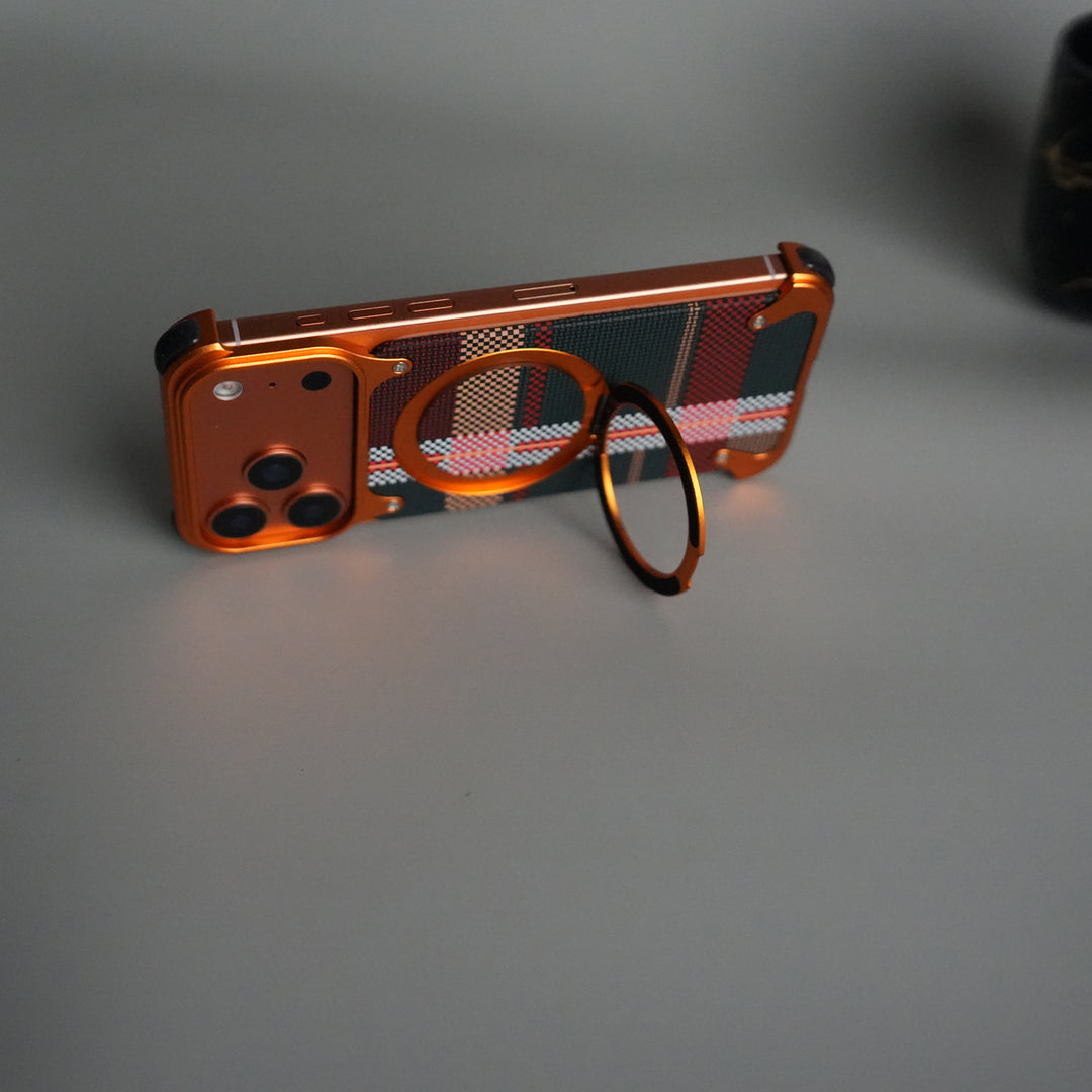 iPhone 17 Series Kevlar Fiber Texture Frameless Metal Kickstand Case | Orange