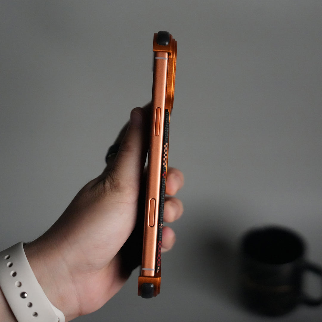 iPhone 17 Series Kevlar Fiber Texture Frameless Metal Kickstand Case | Orange