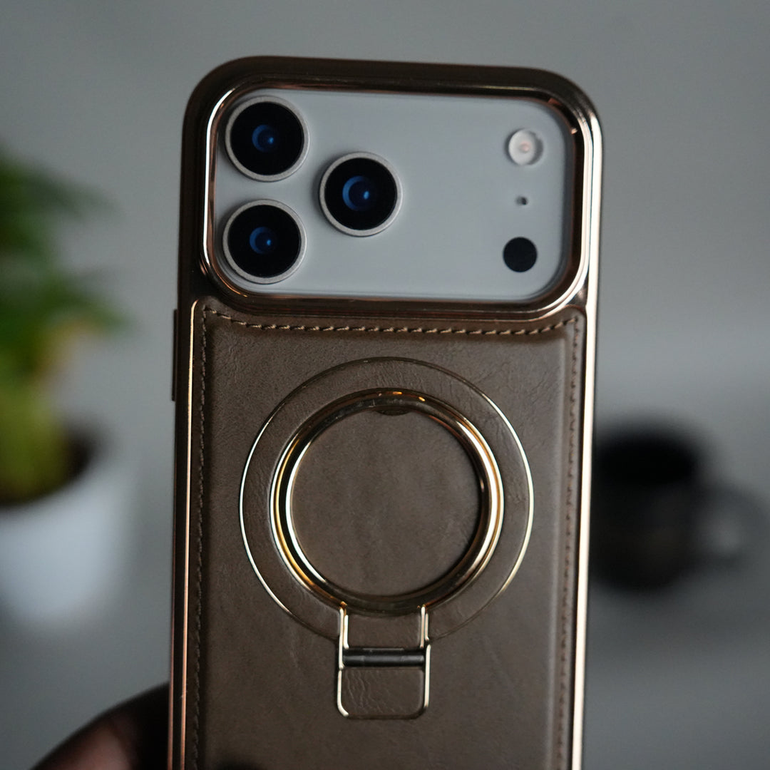 iPhone 17 Series PU Leather Chrome Side Case With Ring Metal Stand | Desert Color