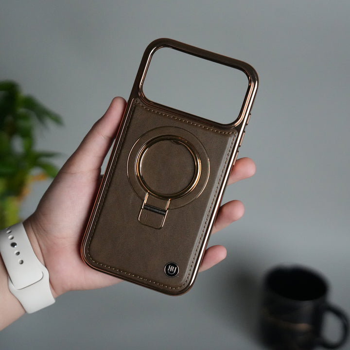 iPhone 17 Series PU Leather Chrome Side Case With Ring Metal Stand | Desert Color