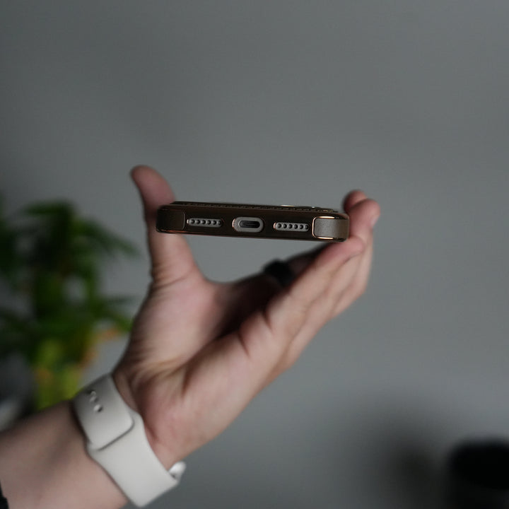 iPhone 17 Series PU Leather Chrome Side Case With Ring Metal Stand | Desert Color