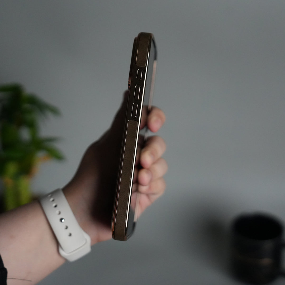 iPhone 17 Series PU Leather Chrome Side Case With Ring Metal Stand | Desert Color