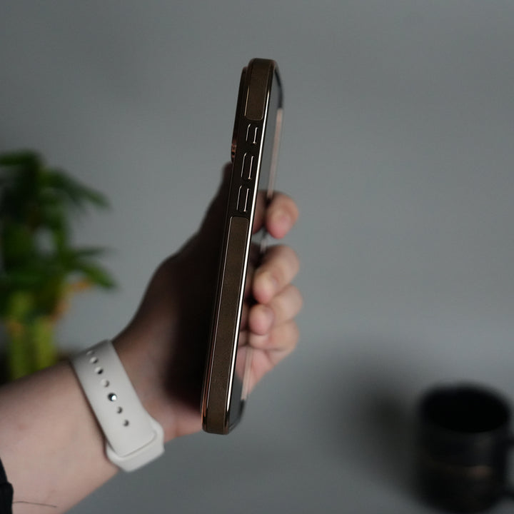 iPhone 17 Series PU Leather Chrome Side Case With Ring Metal Stand | Desert Color