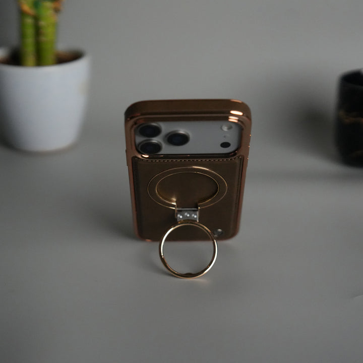 iPhone 17 Series PU Leather Chrome Side Case With Ring Metal Stand | Desert Color