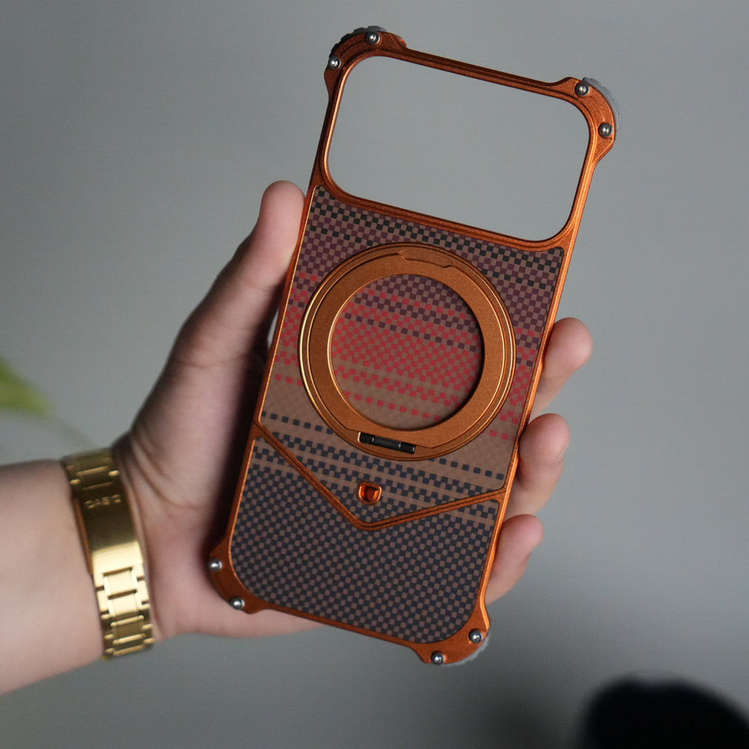 iPhone 17 Series Premium Orange Line Carbon Design Aluminium Metal Snap On Rotating Stand Case
