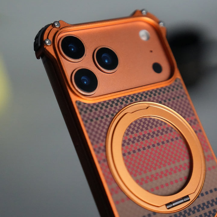 iPhone 17 Series Premium Orange Line Carbon Design Aluminium Metal Snap On Rotating Stand Case