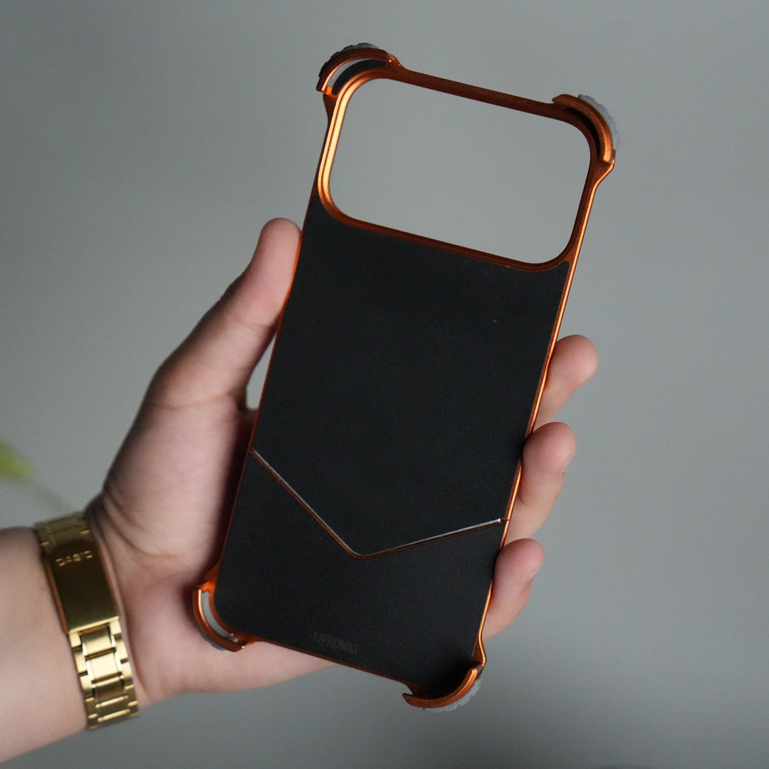 iPhone 17 Series Premium Orange Line Carbon Design Aluminium Metal Snap On Rotating Stand Case