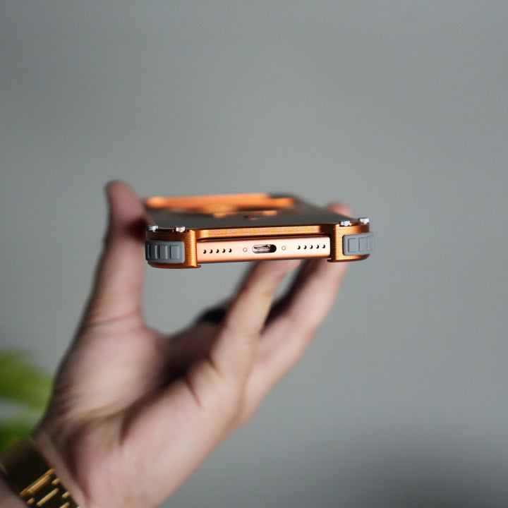 iPhone 17 Series Premium Orange Line Carbon Design Aluminium Metal Snap On Rotating Stand Case