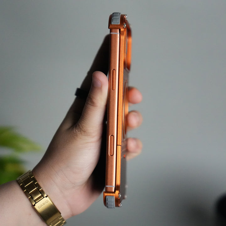 iPhone 17 Series Premium Orange Line Carbon Design Aluminium Metal Snap On Rotating Stand Case