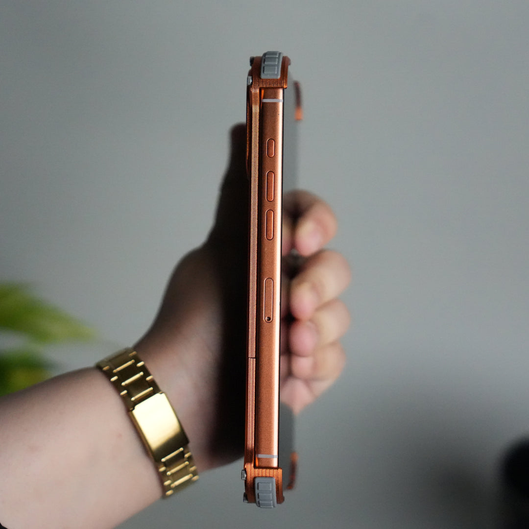 iPhone 17 Series Premium Orange Line Carbon Design Aluminium Metal Snap On Rotating Stand Case