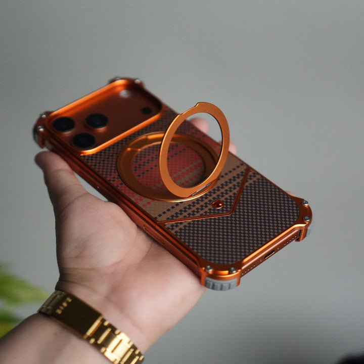 iPhone 17 Series Premium Orange Line Carbon Design Aluminium Metal Snap On Rotating Stand Case