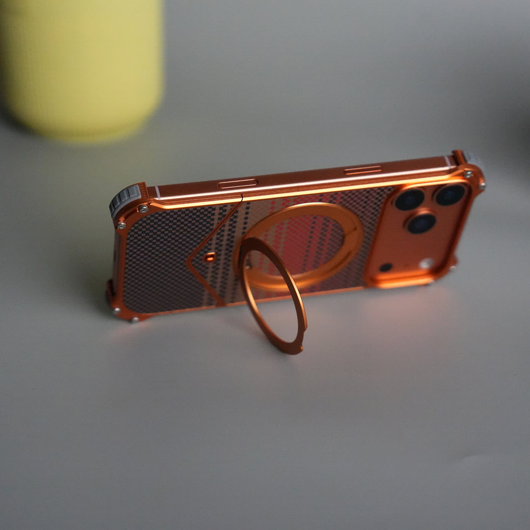 iPhone 17 Series Premium Orange Line Carbon Design Aluminium Metal Snap On Rotating Stand Case